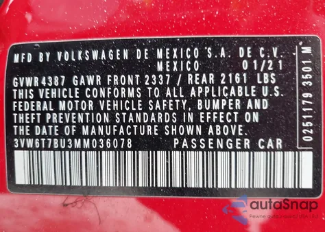 2021 Volkswagen Jetta Gli 2.0T Autobahn/2.0T S из США, поврежденный, VIN 3VW6T7BU3MM036078